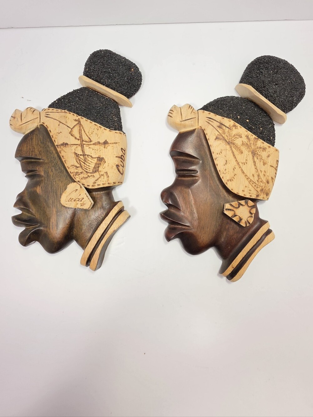 Vintage 1960 pair of hand-carved Cuban wood profile wall reliefs Rare